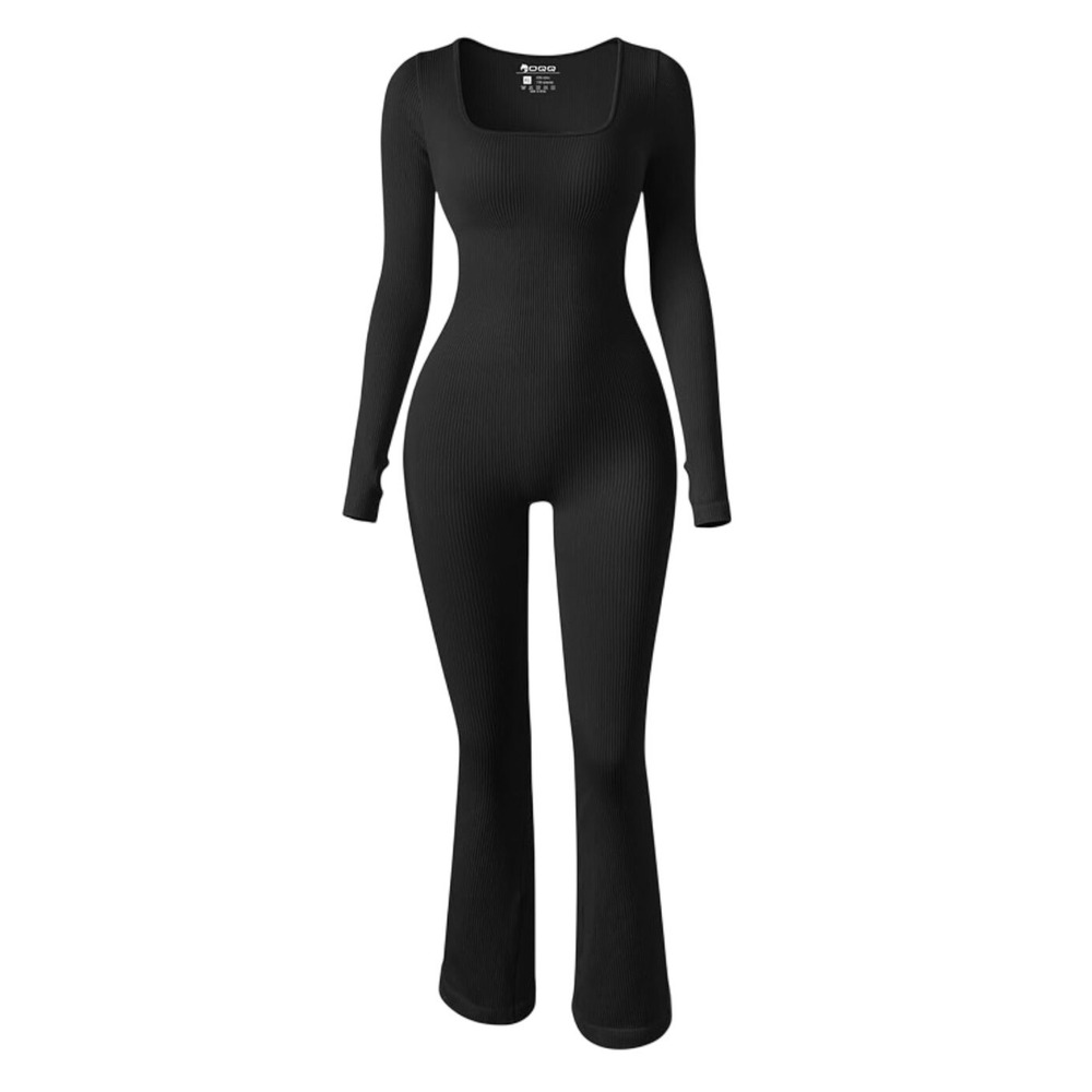OOO Women Black Ribbed Yoga Jumpsuit Long Sleeve Bell Bottom Flare Exercise‎